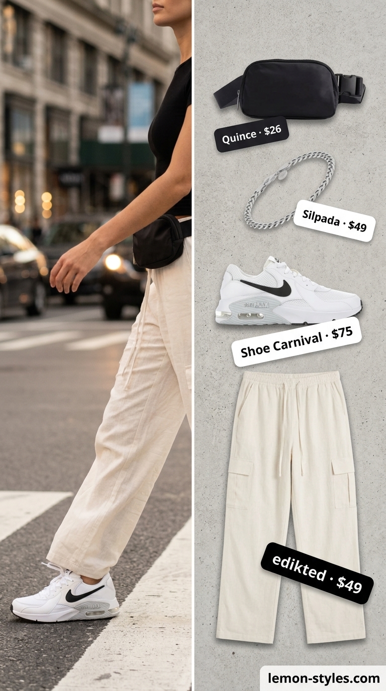 White linen-blend cargo pants with black bodysuit and sneakers. White summer linen pants for women 2026.