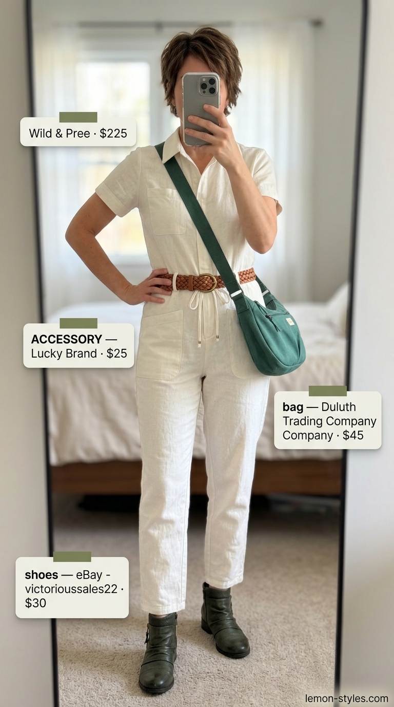 White summer linen pants for women 2026: Olive green utility jumpsuit with tan accessories for a practical weekend getaway.