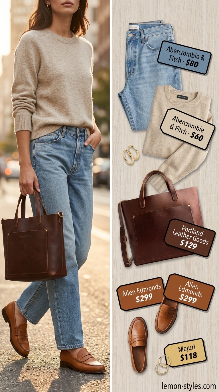 Oatmeal sweater with denim jeans and brown loafers. White summer linen pants for women 2026 inspiration.