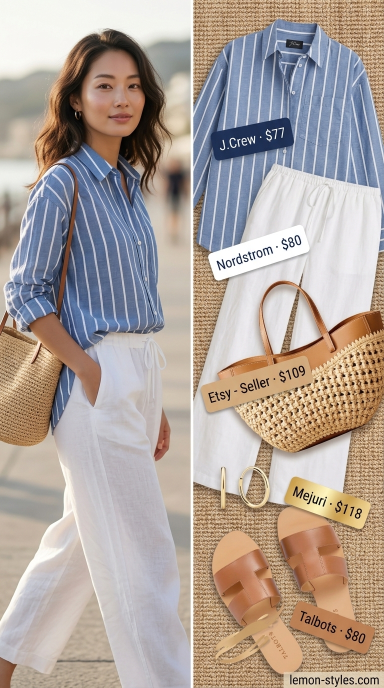 White summer linen pants for women 2026: High-waisted wide-leg linen pants with navy stripe shirt for a coastal vibe.
