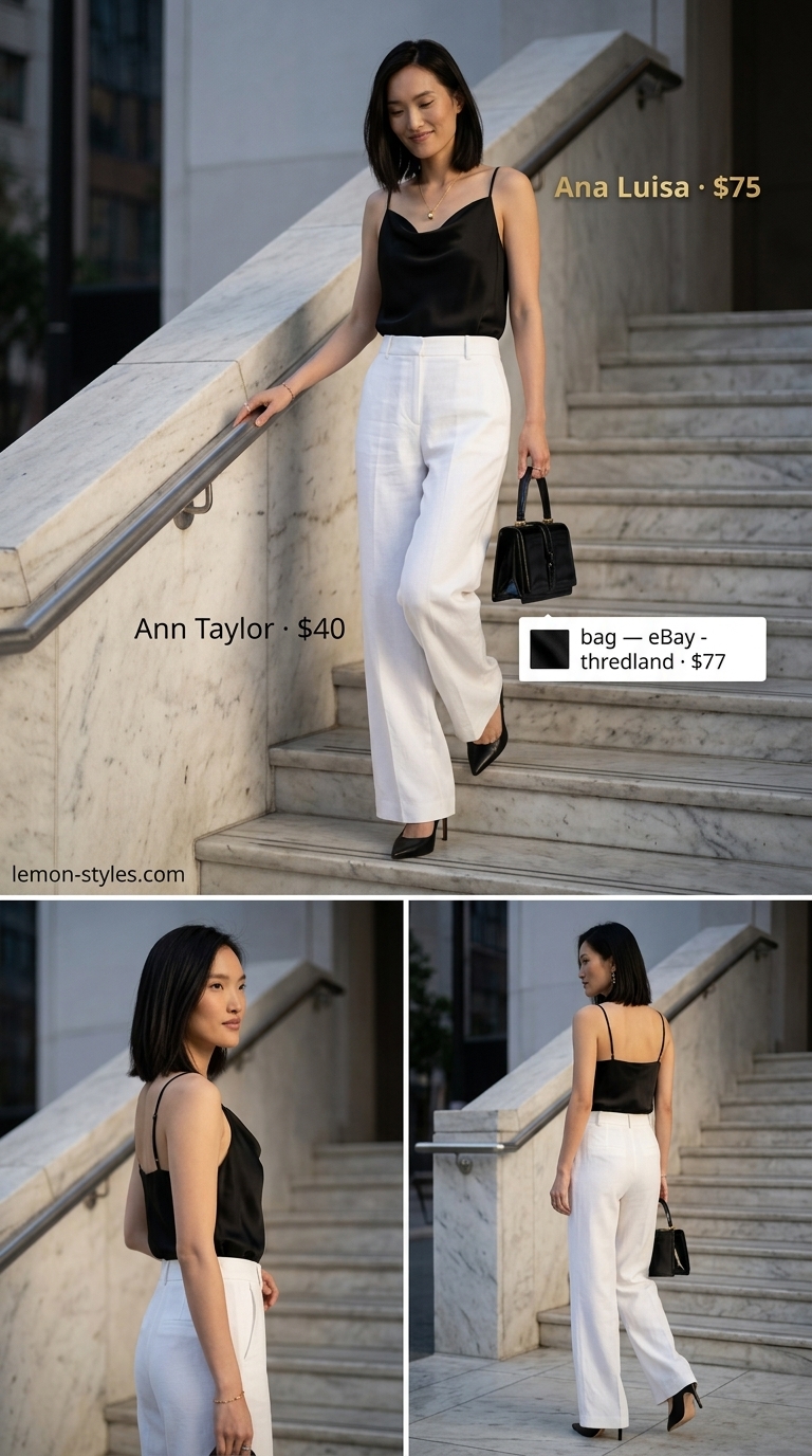 Elegant white summer linen pants for women 2026 in wide-leg trousers, paired with a black satin camisole and stiletto heels.