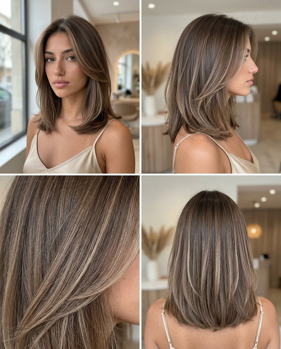 Almond Beige Babylights Brunette 2026 long layered haircut with almond beige babylights and natural brunette base for brunch