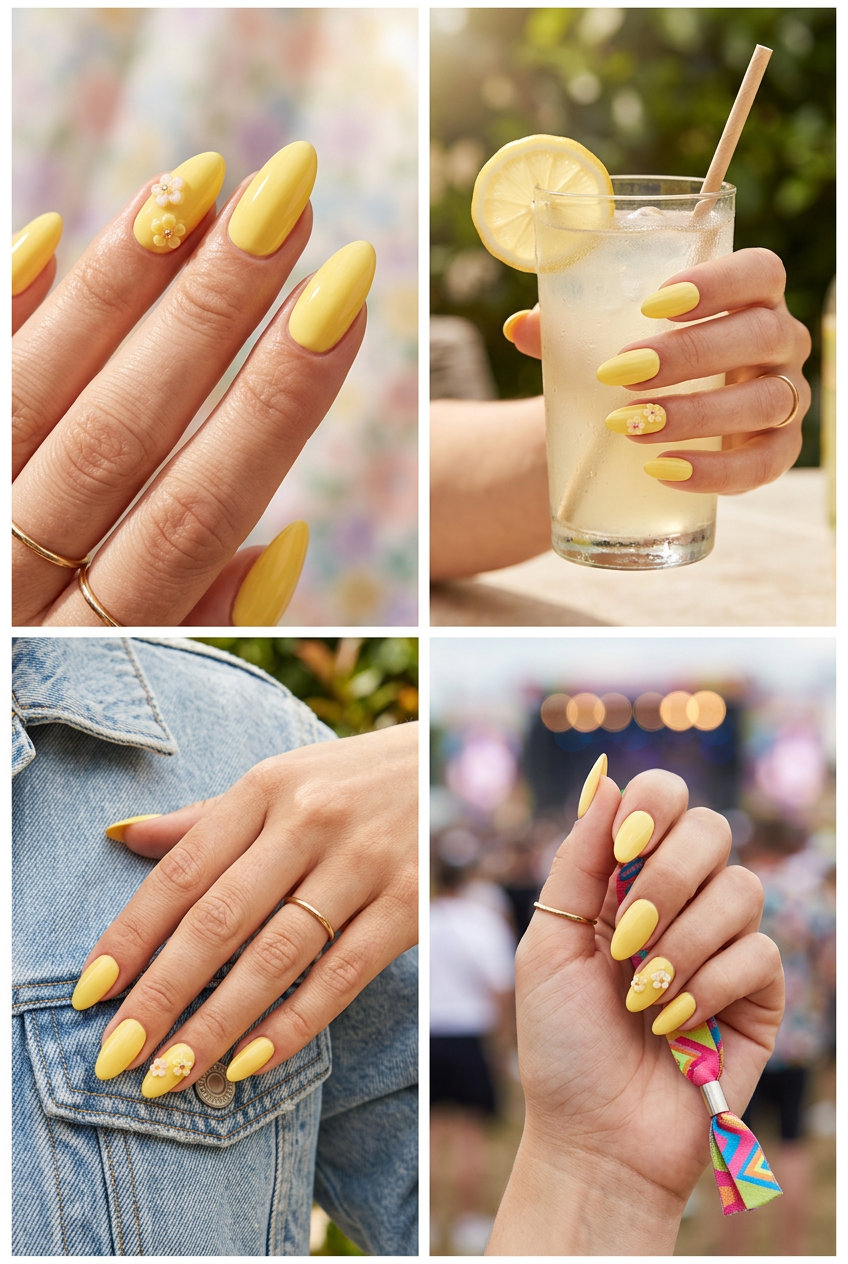 Playful butter yellow almond nails with 3D pastel floral charms for festivals. Almond summer nails 2026 for fair skin.