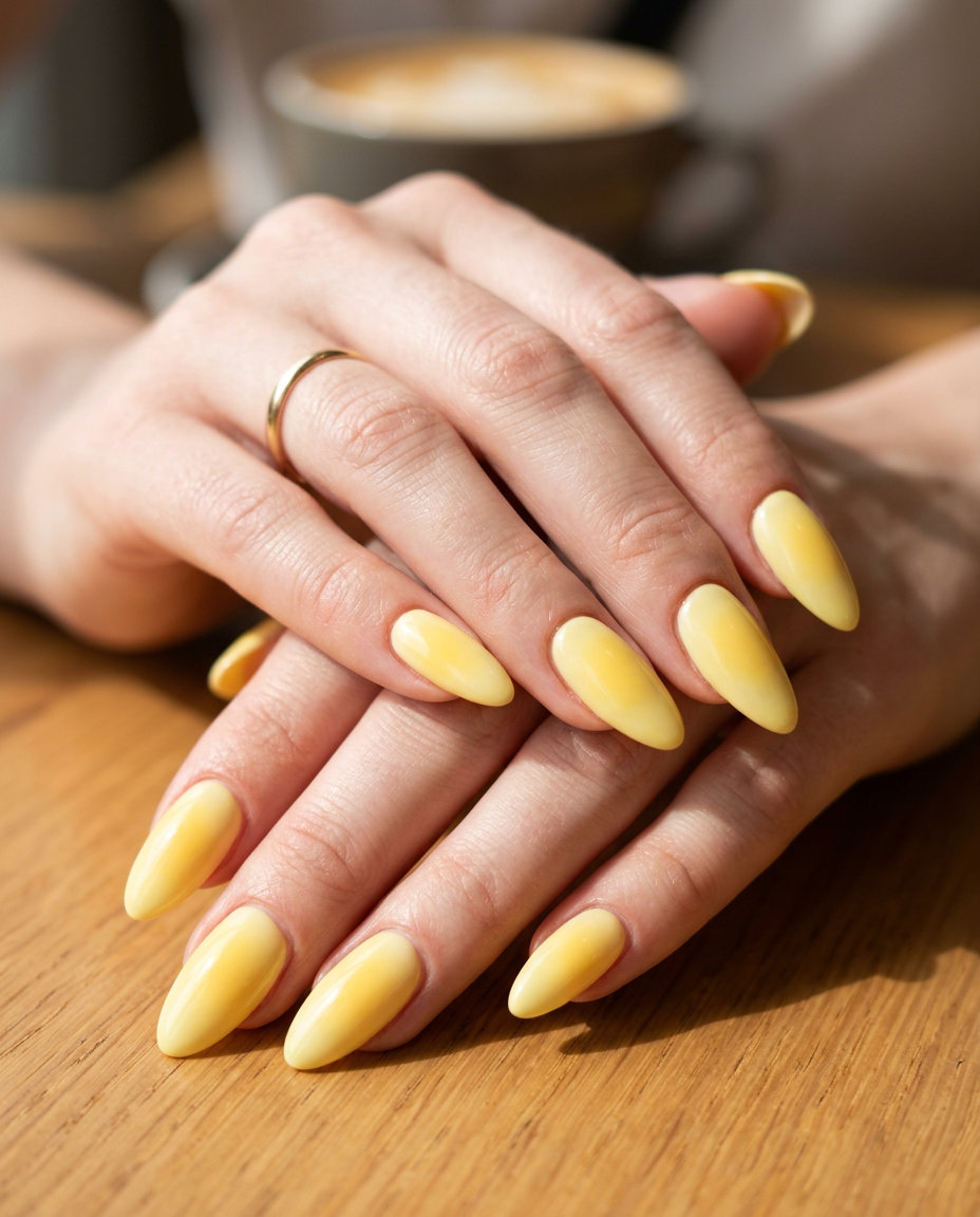 Butter yellow almond nails with a diffused aura gradient for summer parties and festivals.