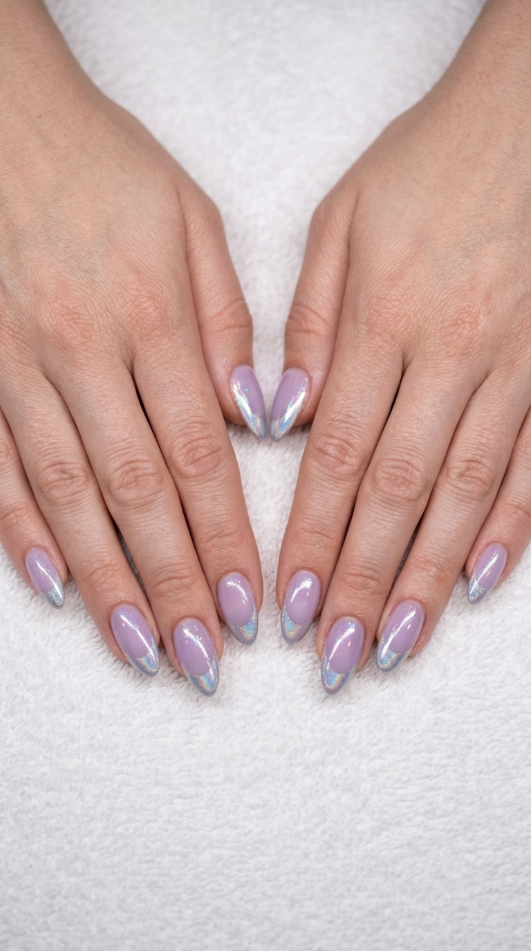 Almond summer nails 2026 for fair skin: Holographic lavender French tips. Edgy for parties and festivals.