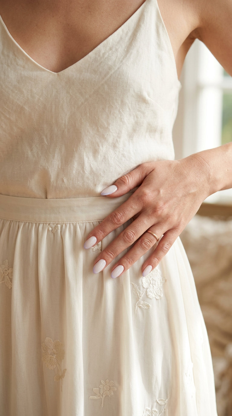 Almond summer nails 2026 for fair skin: Lavender Mist Micro French tips on sheer milky white base. Elegant for weddings.