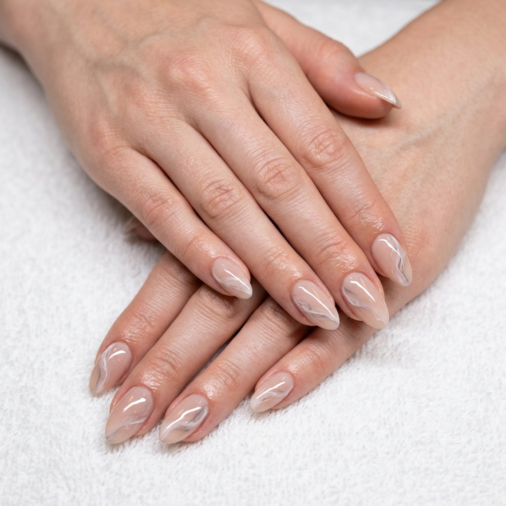 Almond summer nails 2026 for fair skin: Nude beige with marble accents. Sophisticated for work and business casual.