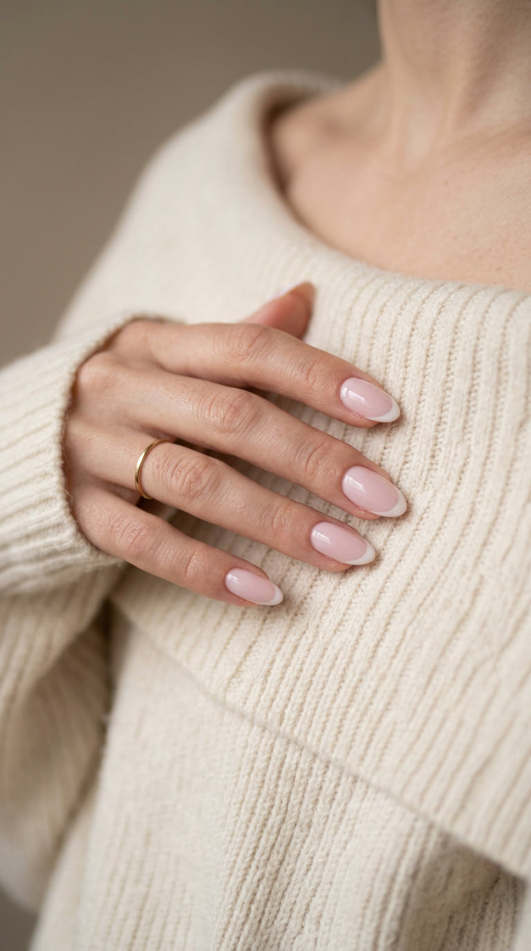 Almond summer nails 2026 for fair skin: Milky pale pink with reverse French tip. Minimalist for work and daily wear.