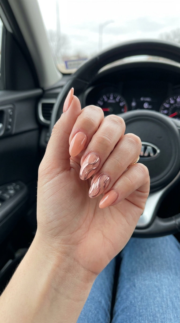 Almond summer nails 2026 for fair skin: Soft peach with rose gold chrome swirls. Glamorous for parties and evenings out.