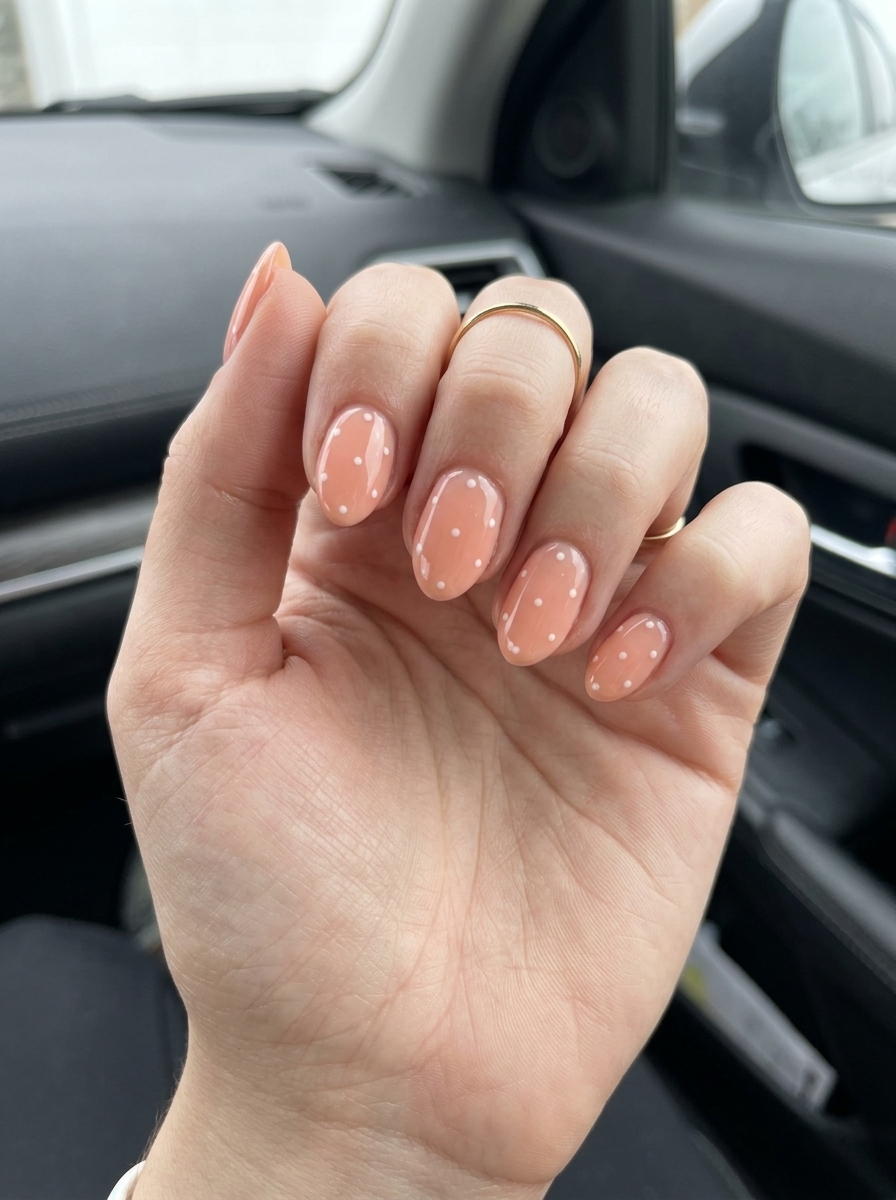 Almond summer nails 2026 for fair skin: Sheer soft peach with white polka dots. Playful for vacations and casual outings.