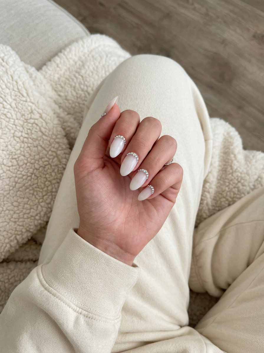Almond summer nails 2026 for fair skin: Sheer milky white with rhinestone accents. Ethereal for weddings and summer events.