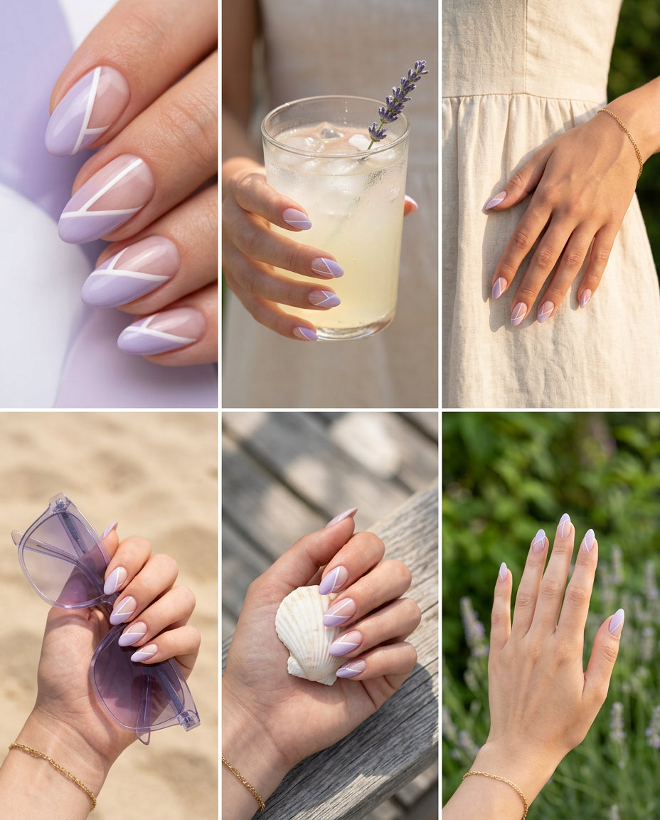 Minimalist lavender mist negative space almond nails with white lines. Almond summer nails 2026 for fair skin.