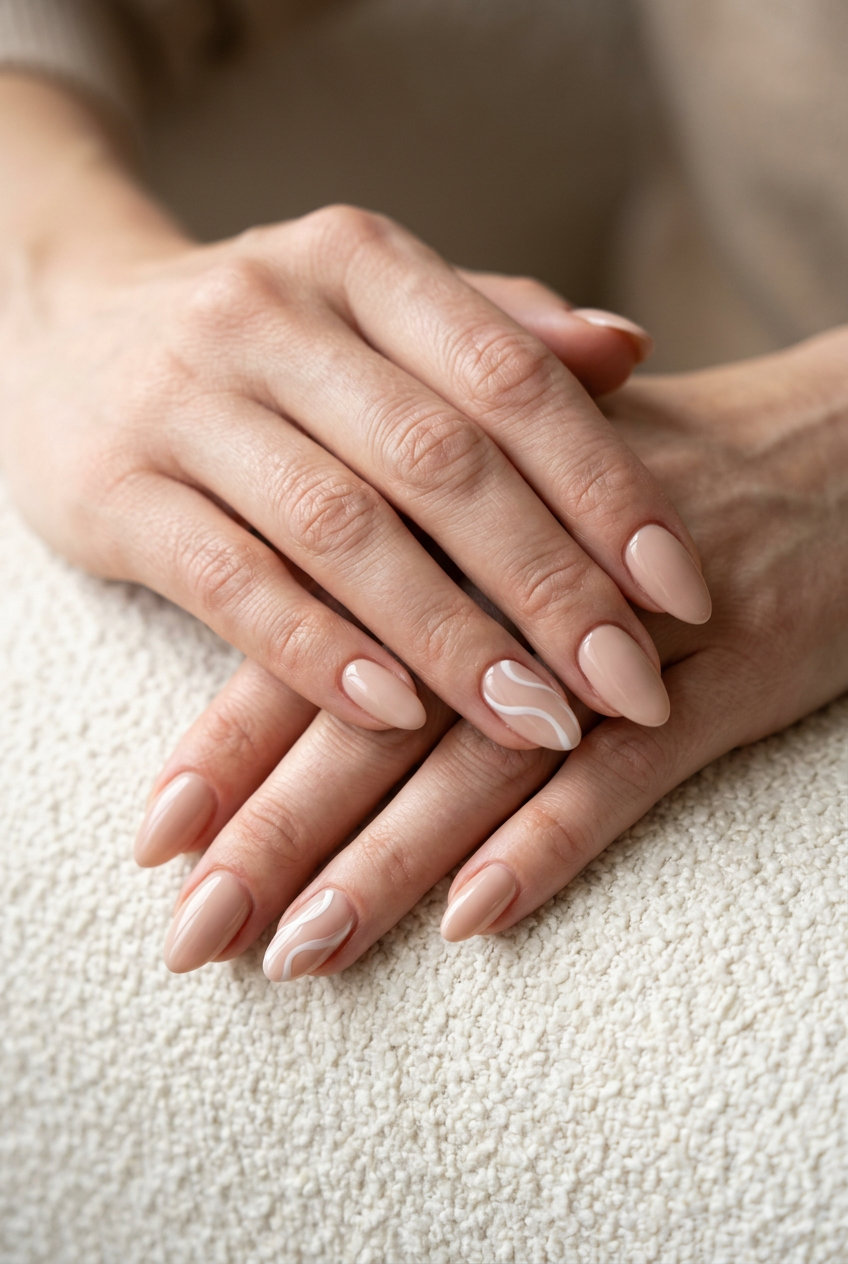 Nude beige almond nails with subtle white swirls for sophisticated daily wear and business casual events.