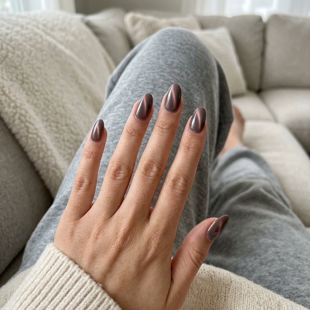 Nude cat eye almond nails with deep taupe magnetic effect for date nights and evening events.