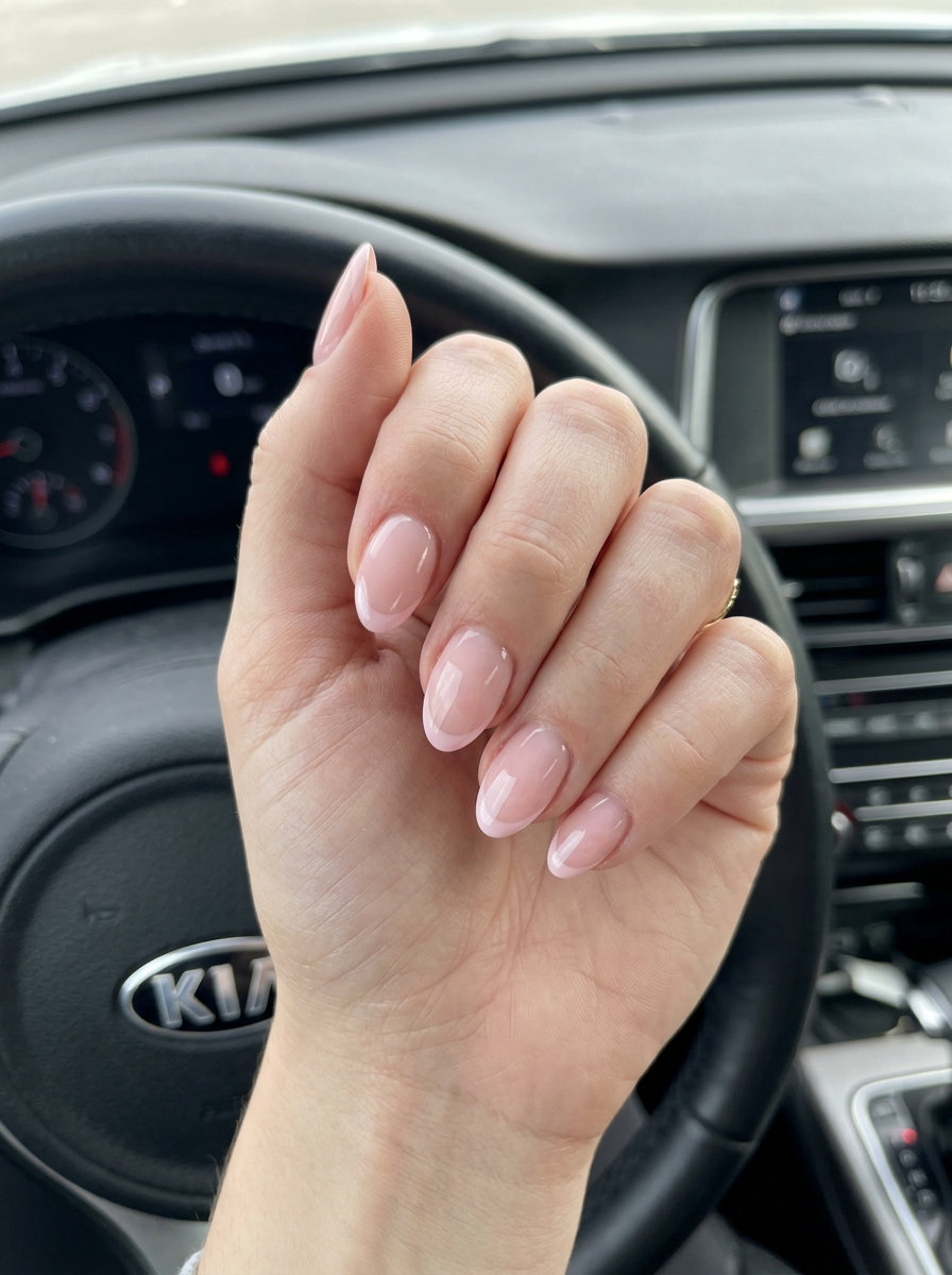 Clean pale pink micro French almond nails for office or casual chic. Almond summer nails 2026 for fair skin.