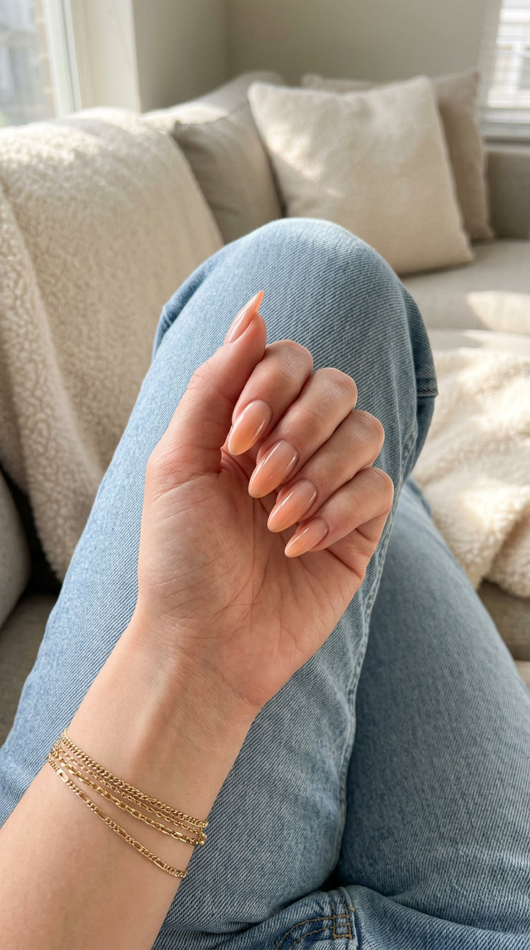 Peach airbrush gradient almond nails for formal events and summer parties.