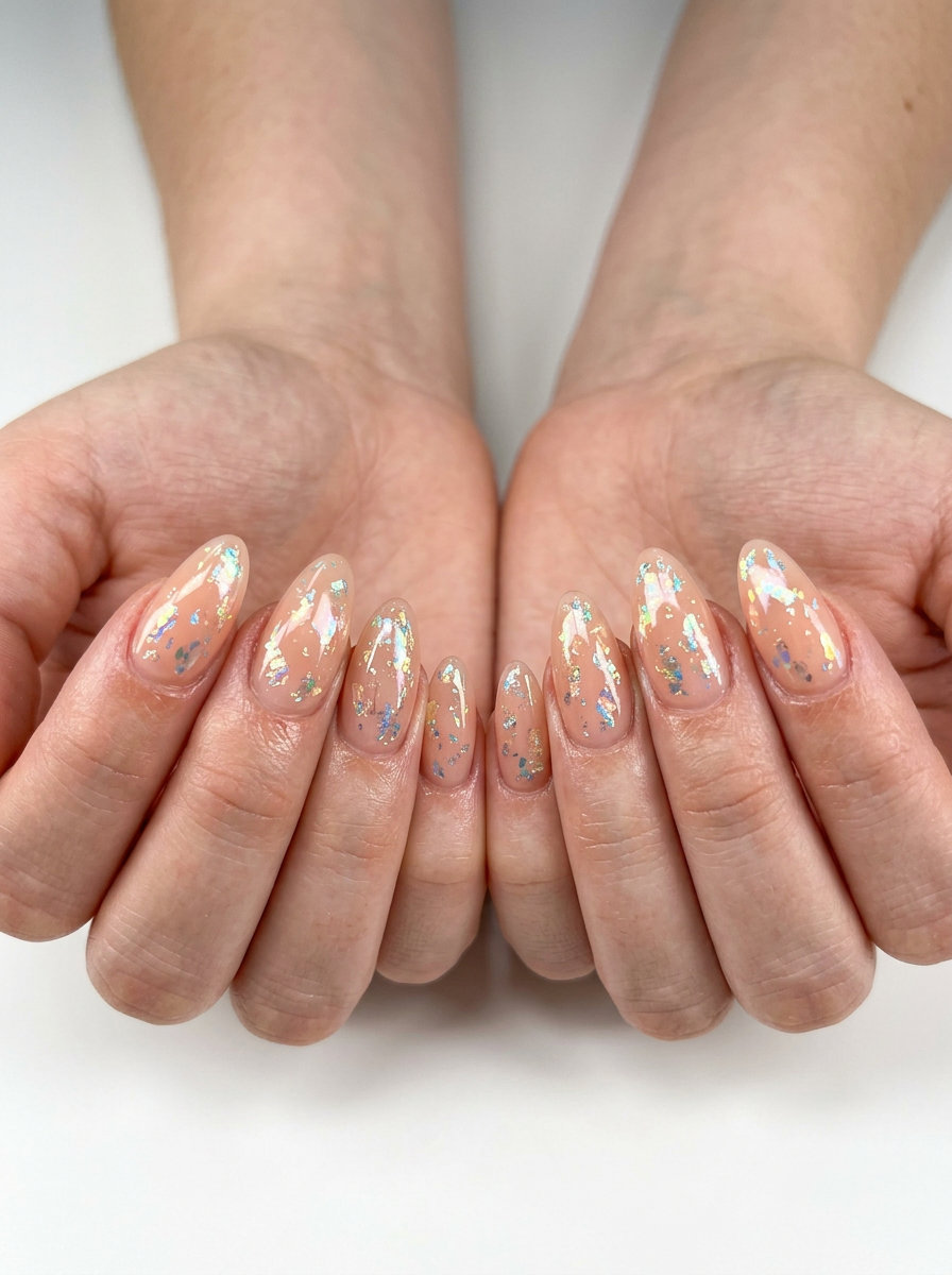 Glamorous sheer peach almond nails with iridescent foil shimmer for vacation. Almond summer nails 2026 for fair skin.