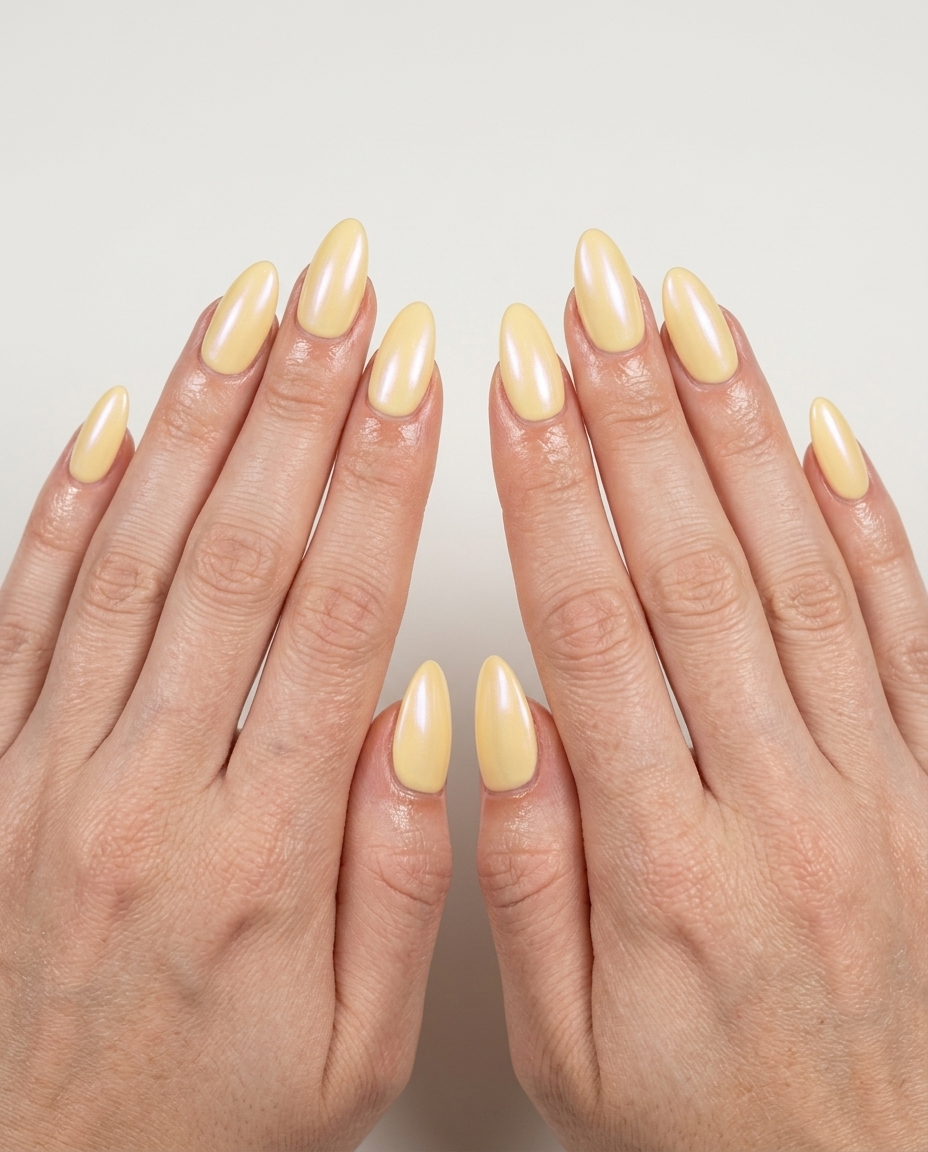 Luminous butter yellow pearlescent almond nails for daily wear and spring events.
