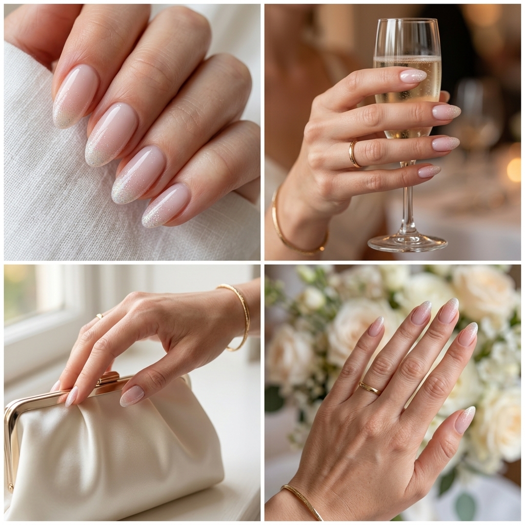 Fairy dust pink gradient almond nails with iridescent glitter for date nights and weddings.