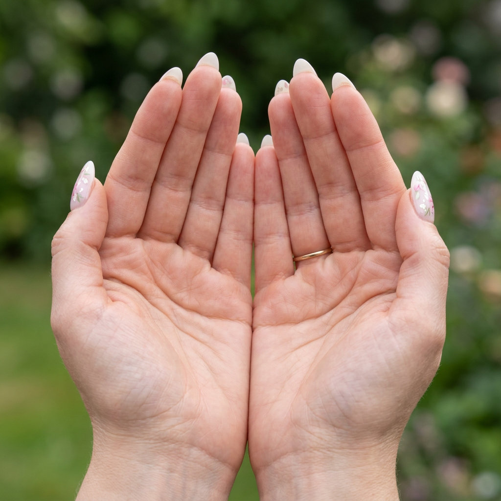 Sheer white almond nails with delicate pink and green floral accents, perfect for wedding guests.