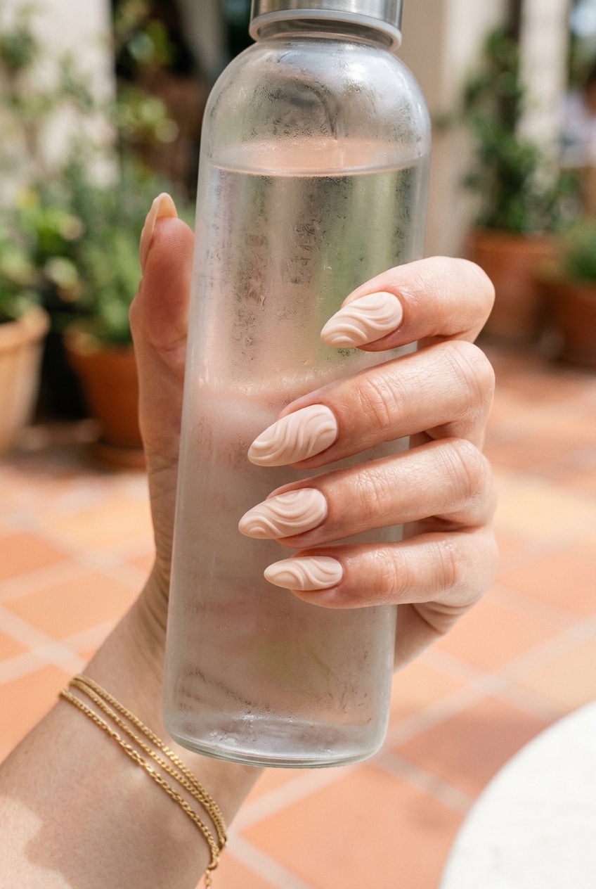 Textured nude sculpture almond nails for minimalist chic and professional settings.