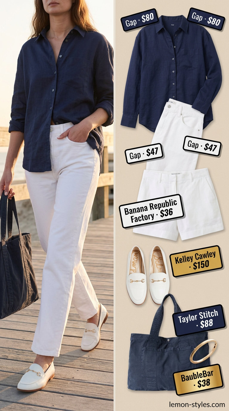 What to Wear with White Jeans Summer 2026: Sunset Cruise outfit with navy oversized shirt, white shorts, and white loafers.