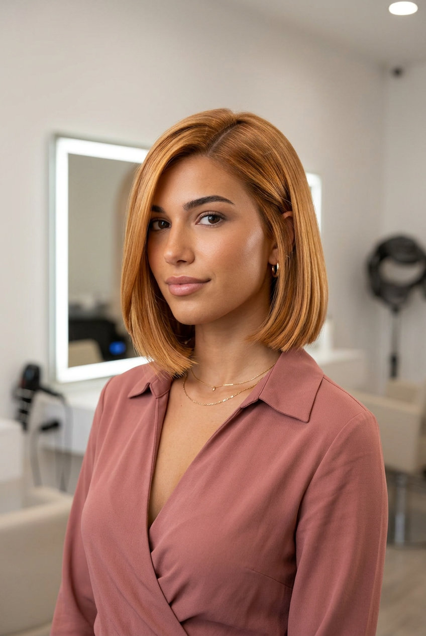 chin-length Italian bob with Amber-Glow strawberry blonde, teasylights and gloss, no bangs — classic and sophisticated