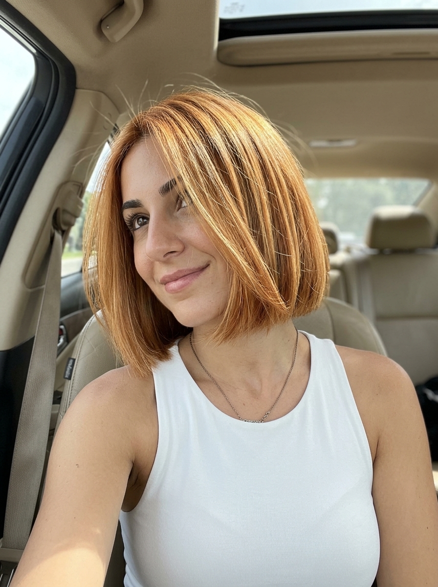 chin-length Italian bob with Amber-Glow strawberry blonde, teasylights and root melt, no bangs — polished and radiant