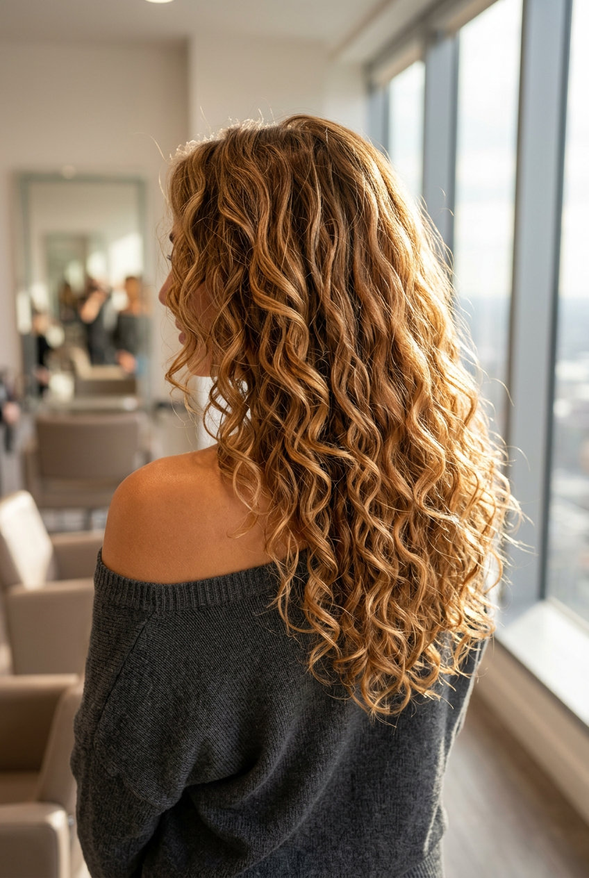 long curly amber-glow strawberry blonde hair with cascading layers and face-framing curls for summer