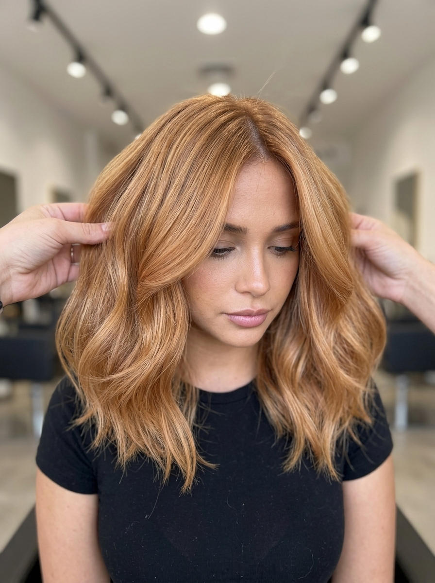 medium amber-glow strawberry blonde collarbone cut with soft sweeping layers for date night