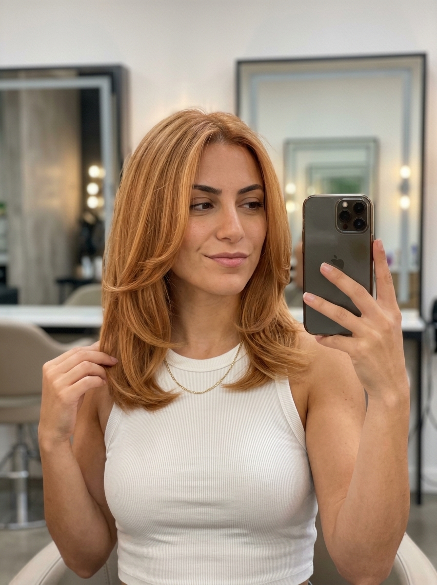 medium Amber-Glow strawberry blonde curve cut with U-shaped layers and soft face-framing for date night