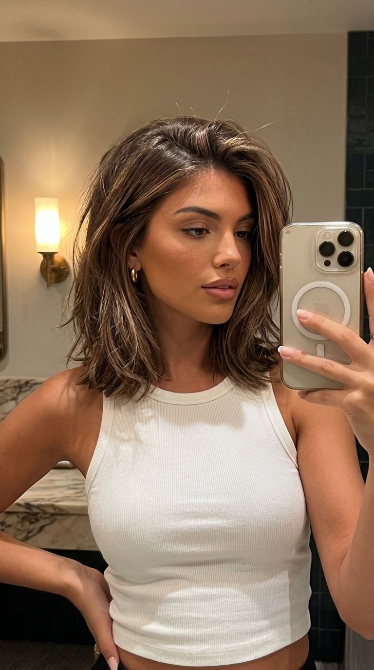 Modern Antique Bronze Hair Color 2026 medium-length textured cut with antique bronze hair color, metallic gold and bronze ribbons, no fringe — modern and edgy
