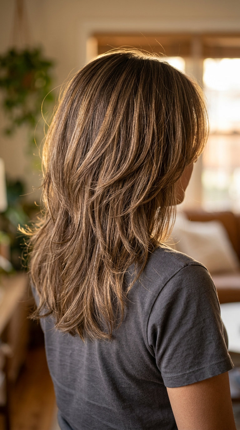 Antique Bronze Shag Hair Color 2026 medium shag haircut in antique bronze with metallic gold pieces for edgy retro-modern style