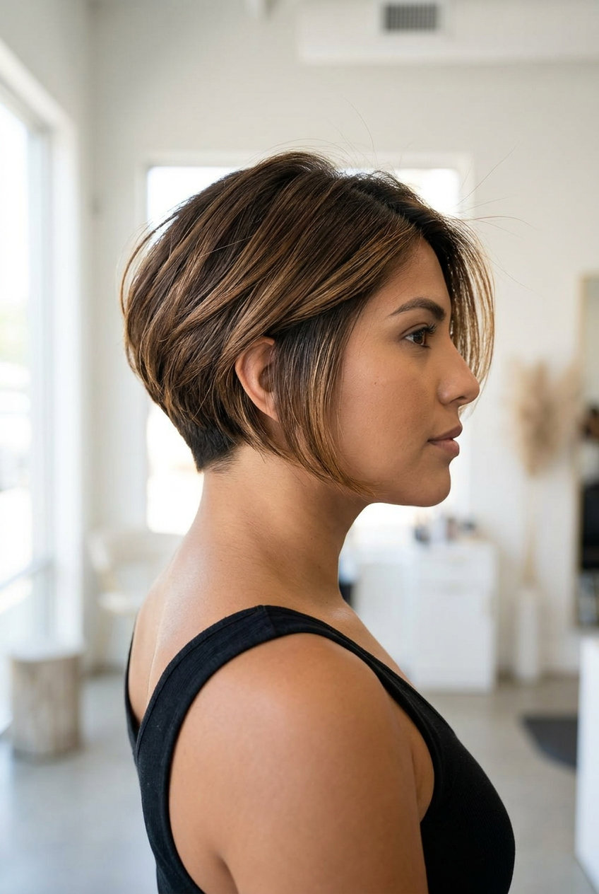 Edgy Antique Bronze Undercut Hair Color 2026 short undercut haircut in antique bronze with cool brown base & metallic gold reflects for edgy look