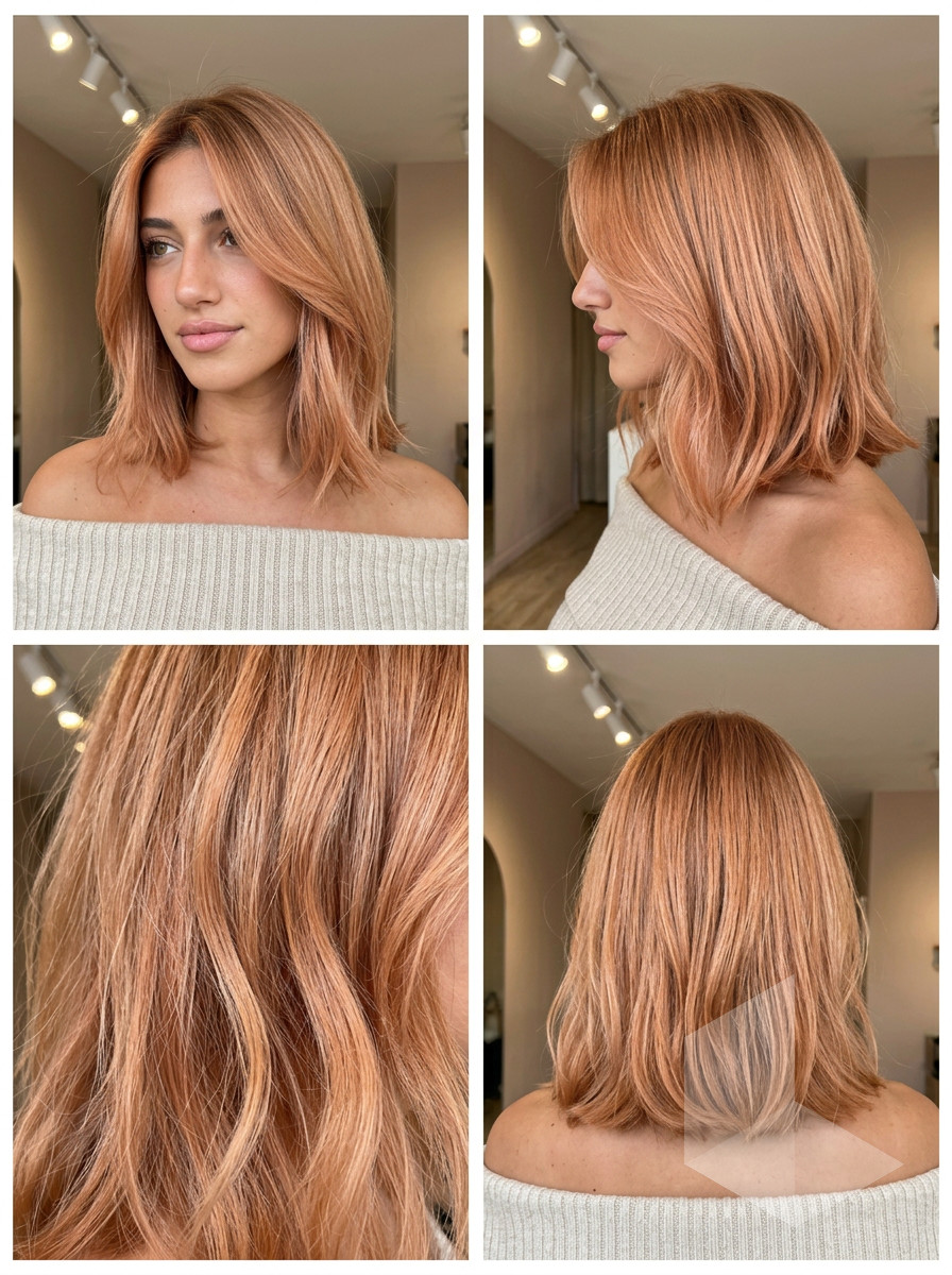 collarbone-length apricot crush lob haircut with subtle strawberry blonde micro-lights