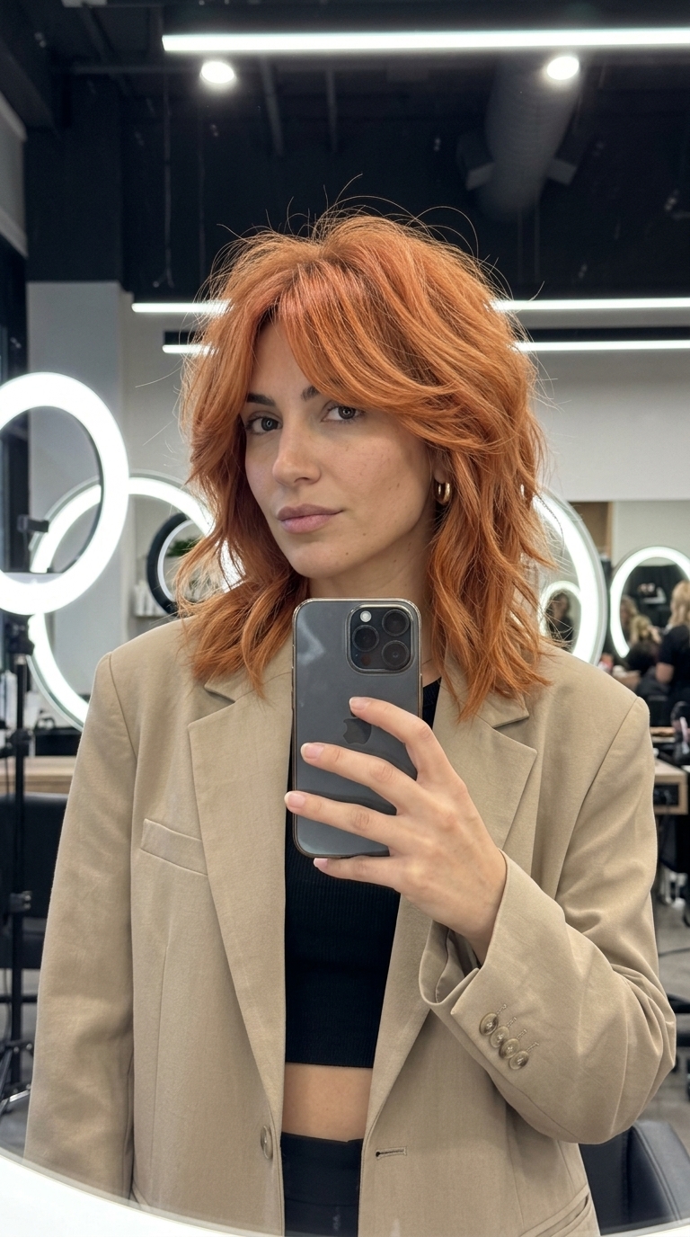 Apricot Copper Shag 2026 collarbone shag haircut in apricot copper with strawberry blonde highlights and razored ends