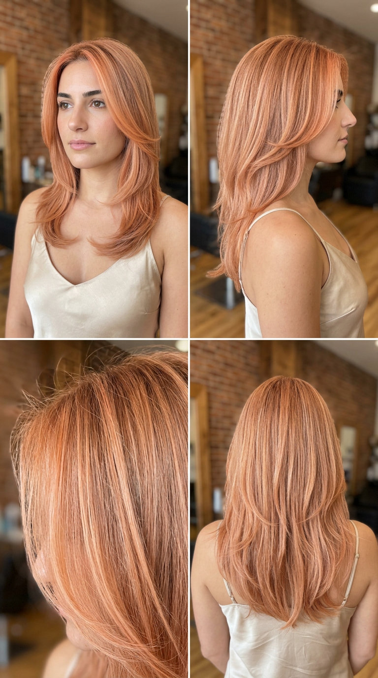 Apricot Crush Curve Cut for Long Hair 2026 long curve cut haircut in soft apricot copper with peach balayage, face-framing layers — romantic, soft