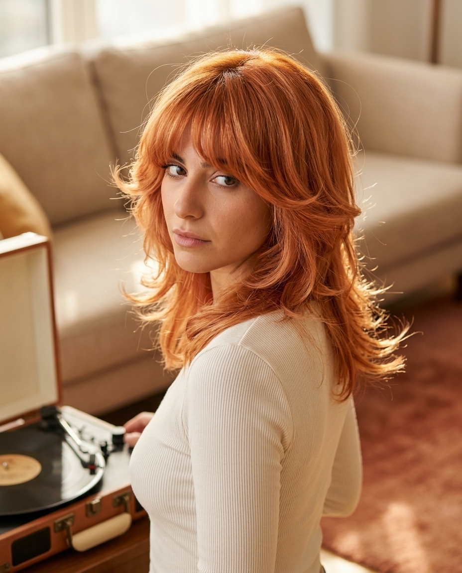medium-length shag haircut with apricot copper color and blunt fringe for summer