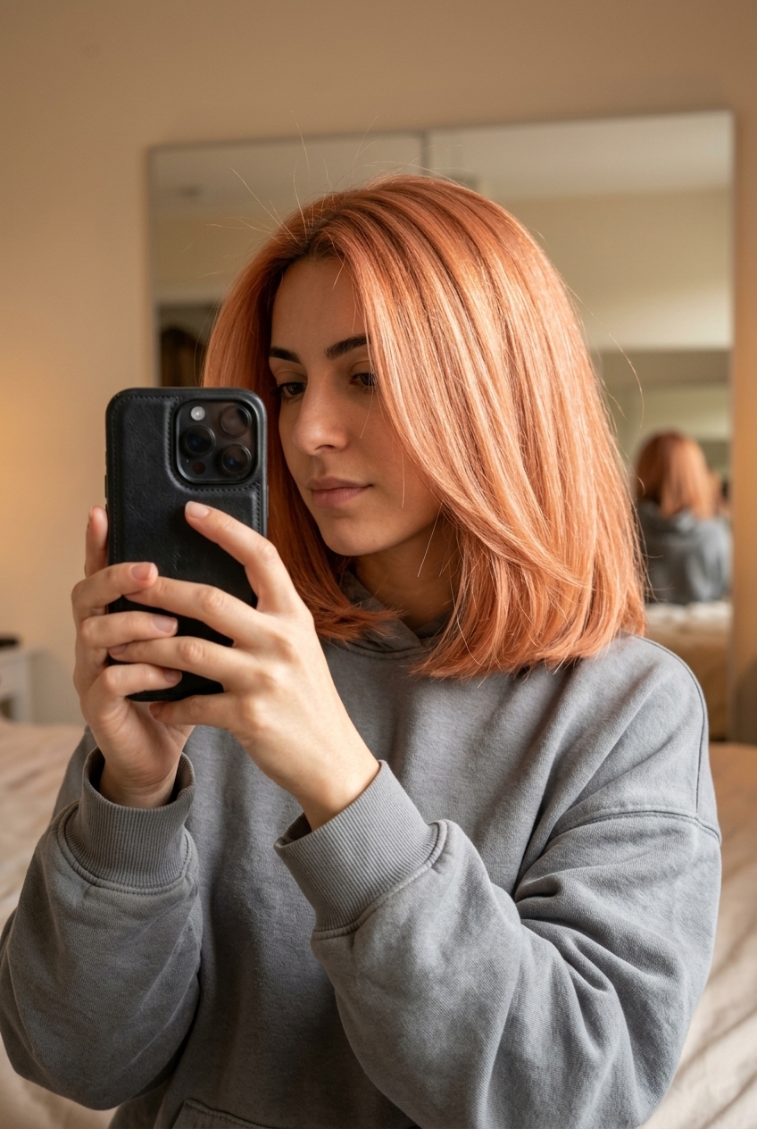 medium lob haircut with apricot crush copper & strawberry blonde accents, sculpted perimeter, no bangs — glamorous event style