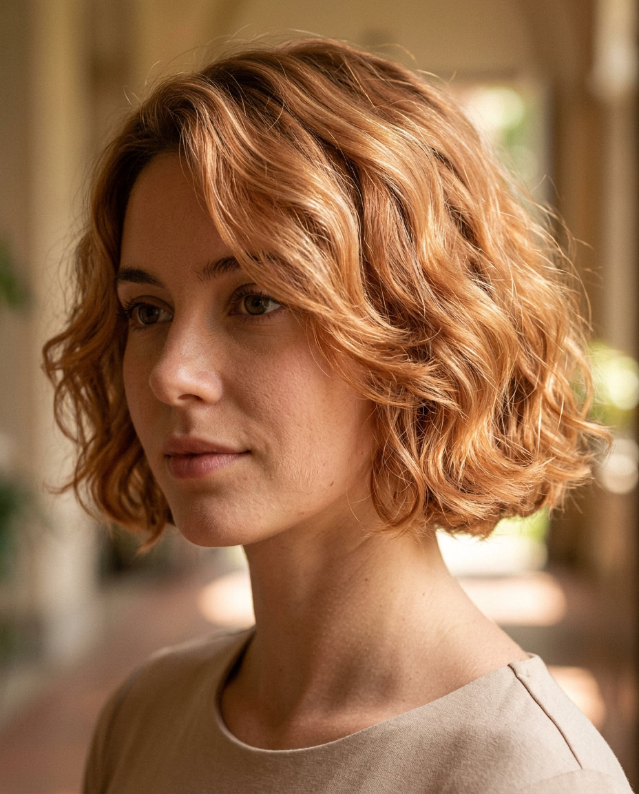 short italian bob haircut in soft pastel copper with golden babylights, elongated internal layers for waves — romantic garden party