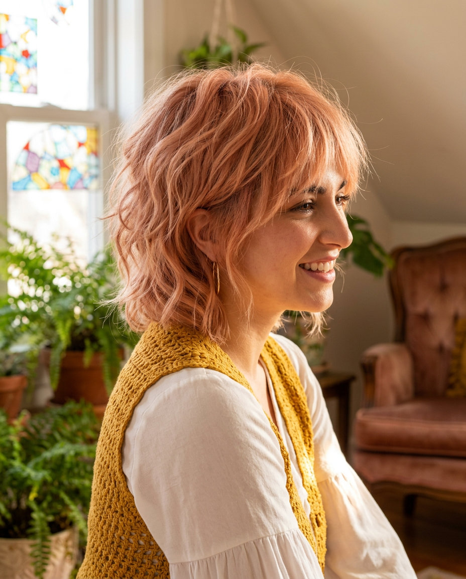 short shaglet apricot copper with strawberry blonde accents, layered and textured, wispy fringe — playful bohemian