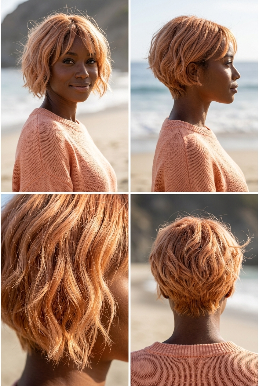 short wavy crop haircut in soft apricot with copper and strawberry blonde tones and piecey fringe for festivals