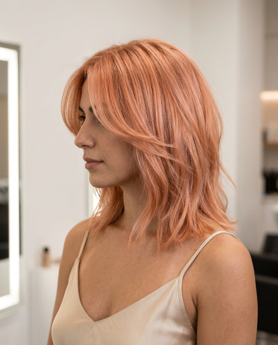 collarbone-length lob shag with apricot crush color and soft waves for romantic playfulness
