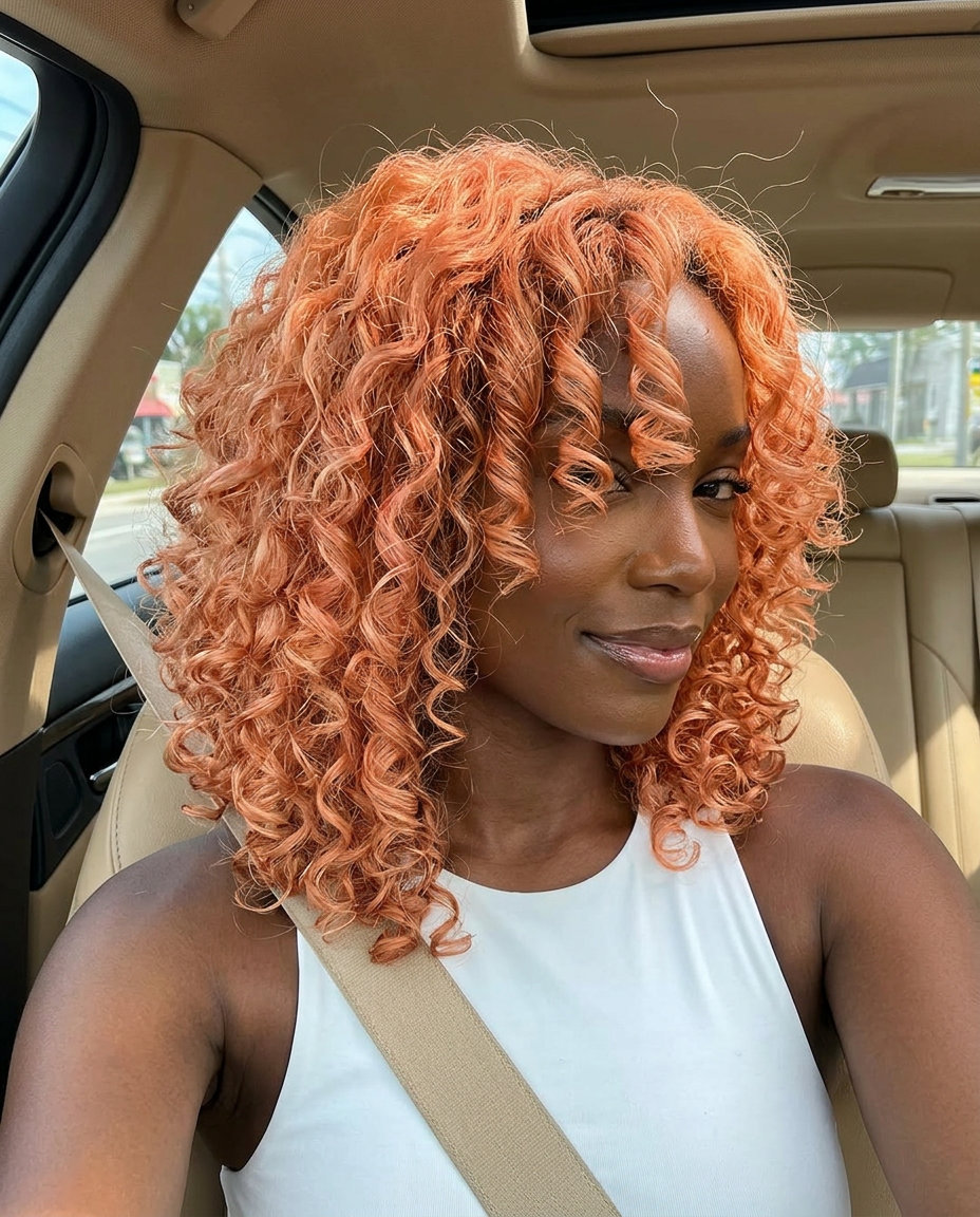 medium layered haircut with apricot crush/peach/strawberry blonde, curl-enhancing layers — vibrant