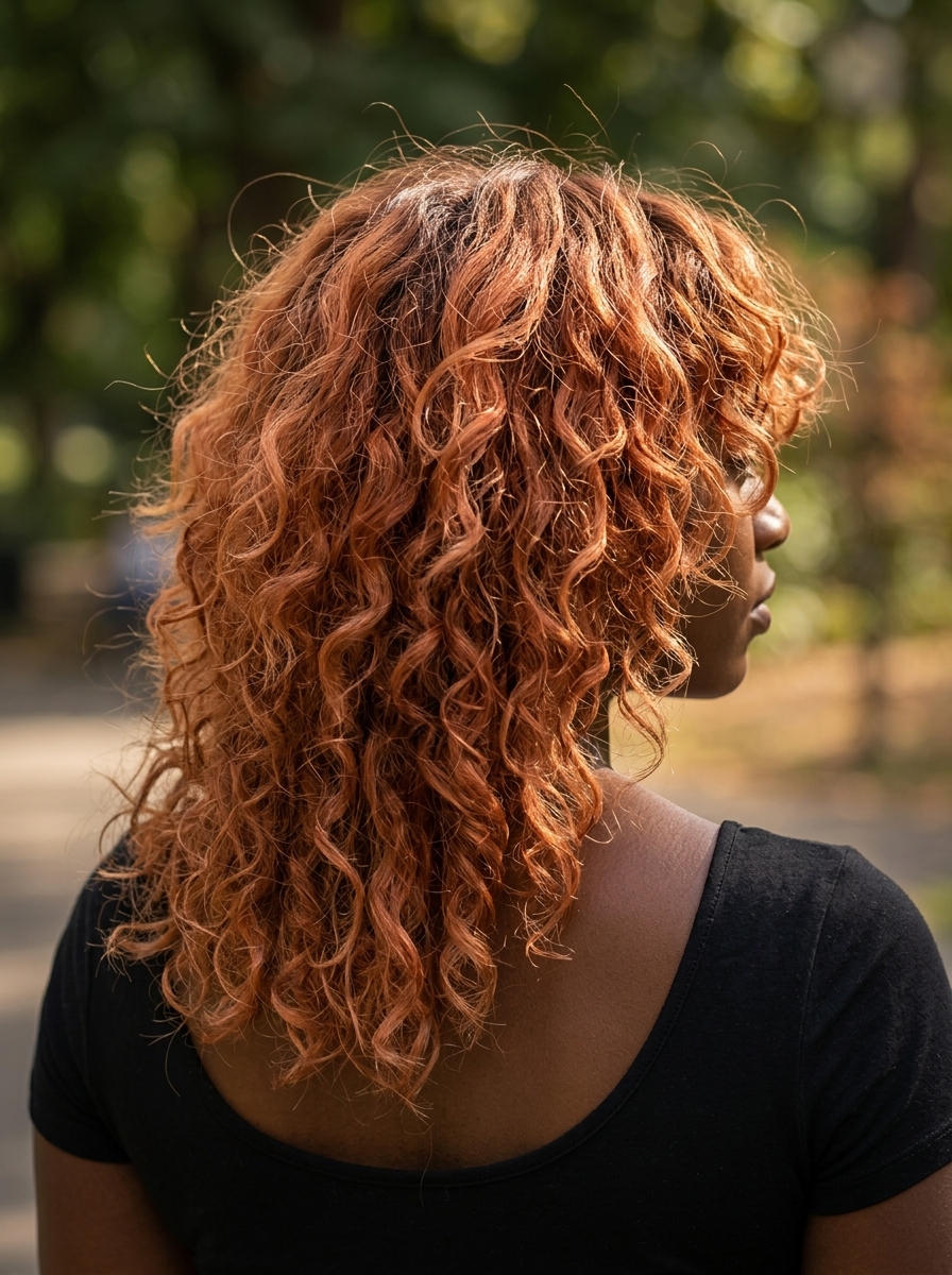 medium-length curly wolf cut with apricot crush color and bottleneck bangs for summer