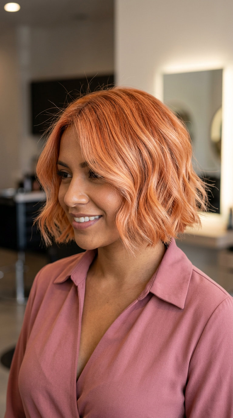 short wavy bob haircut with apricot crush, feathered texture for playful vibes