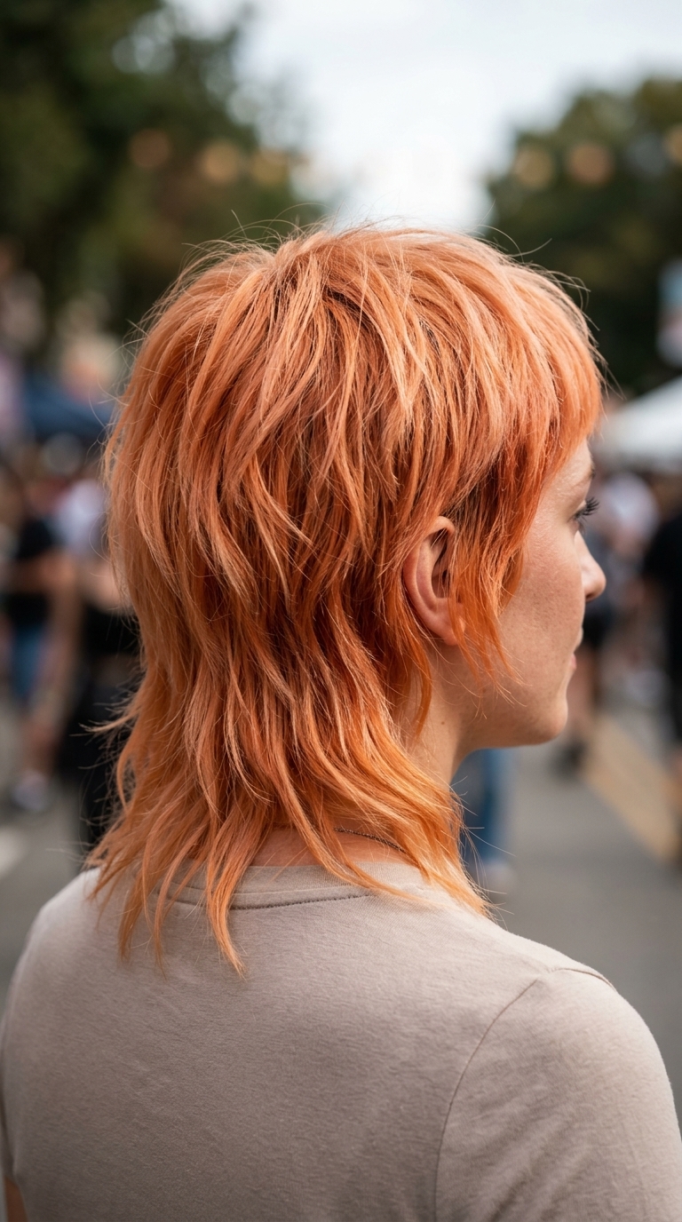 short apricot crush mullet with shattered ends and micro-fringe for punk