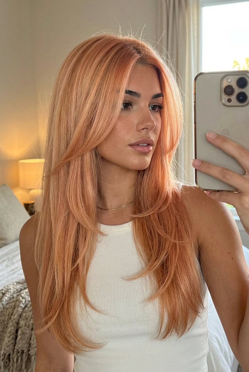 Apricot Crush Long Hair 2026: Airy Layers long haircut with pastel apricot balayage, internal ghost layers, face-framing pieces — soft and playful