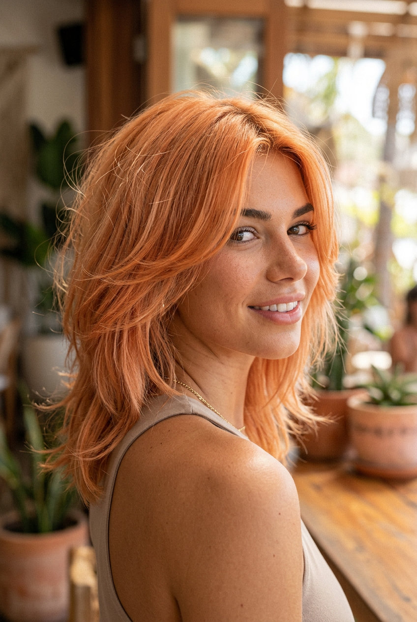 Apricot Crush Kitty Cut 2026: Medium Length & Textured medium-length kitty cut in apricot crush with soft internal layering and sweeping side fringe for beach vacation