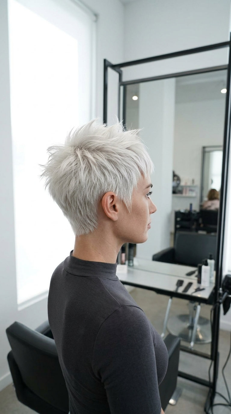 very short pixie haircut with Arctic White blonde, razored texture, no fringe — bold minimalist style